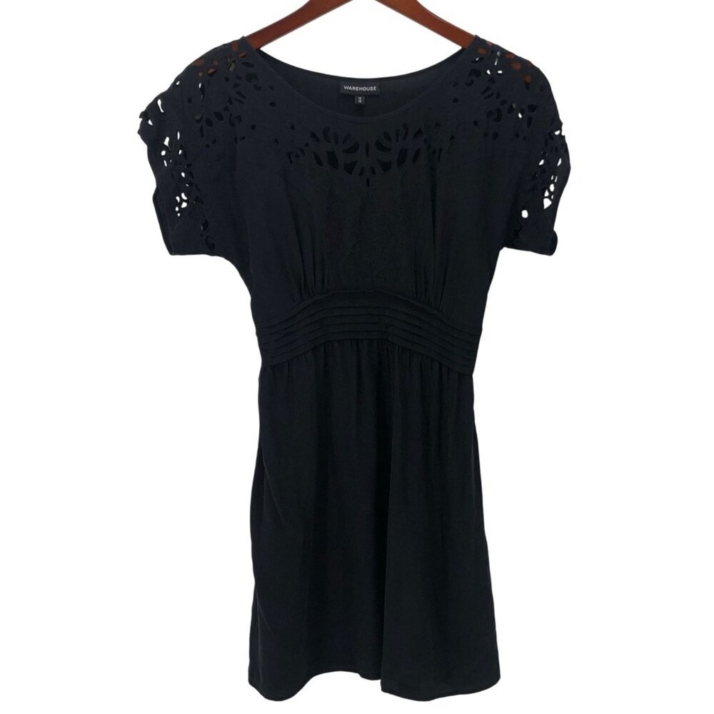 Black Warehouse Silk Dress Short Cutout Sleeves Embroidered Size 8 US 12 UK